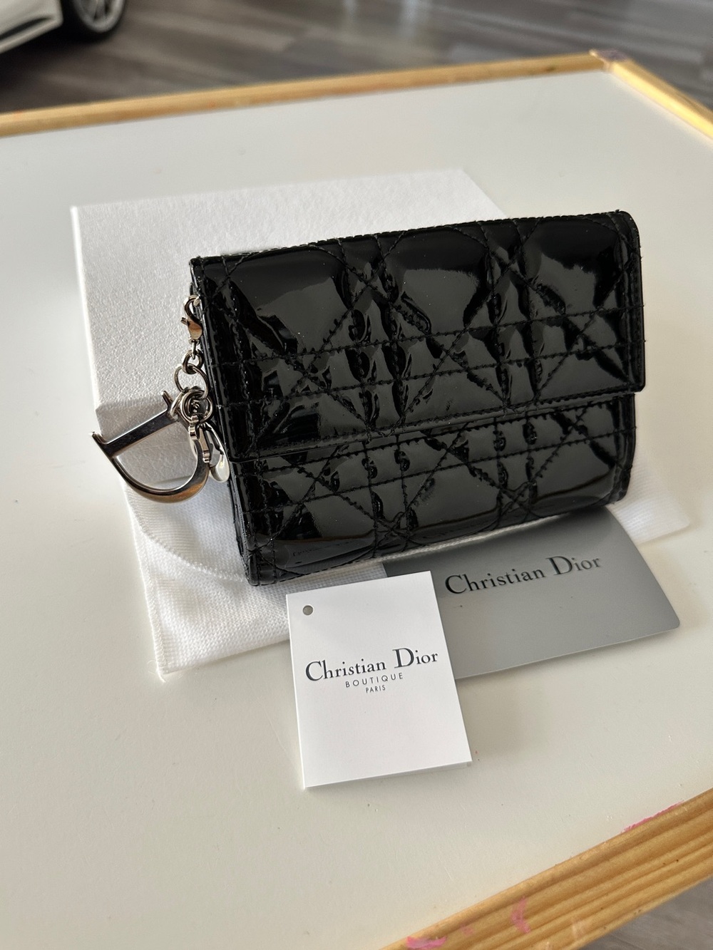 Dior Black Patent Quilted Card Case with Silver Charm